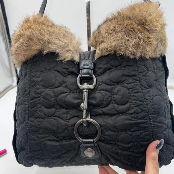 Coach Vintage Black Quilted Fur Trimmed Shoulder Bag Hobo Purse - Picture 4 of 16
